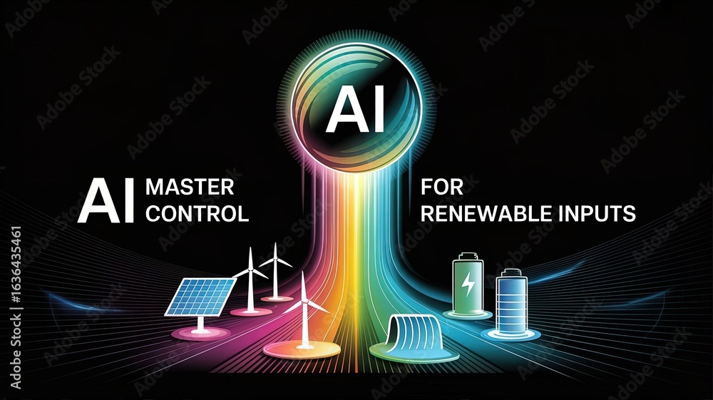 Poster ai master control for renewable inputs: visual representation of ai master control guiding renewable