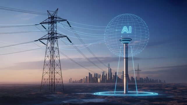 AI-Powered Energy: A futuristic cityscape merges with towering power lines and a digital AI interface, illuminating the intersection of technological innovation and sustainable energy solutions. - Powered by Adobe
