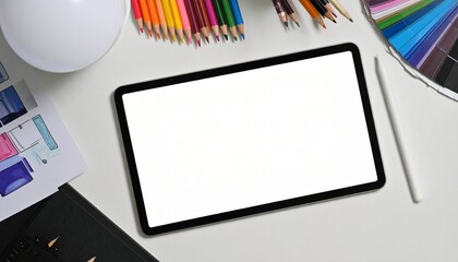 Flat lay of a creative workspace with a digital tablet mockup, stylus, color pencils, and design tools.