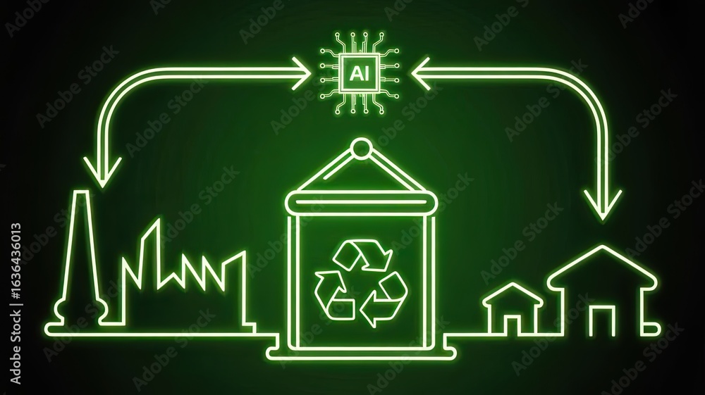 Poster ai powered recycling process: conceptual image illustrating the ai-driven cycle of industrial waste 
