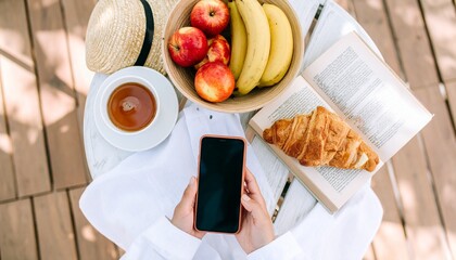 A tranquil flat lay of a morning routine featuring a smartphone, a healthy breakfast, and a book outdoors