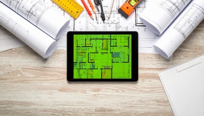 A flat lay of an architect's desk with a digital tablet showing a floor plan, blueprints, and drafting tools