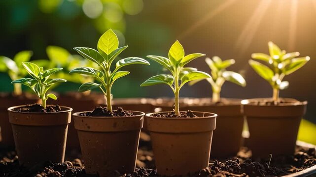 Young plants in terracotta pots, bathed in sunlight