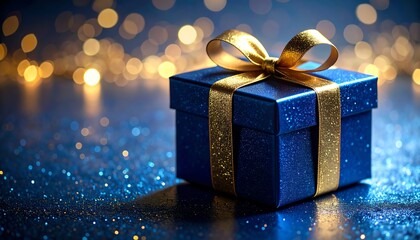 Beautiful dark blue glitter gift box topped with a luxurious gold bow for memorable celebrations
