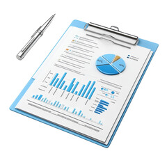 Business report with bar graph, pie chart, and pen for financial analysis and data visualization on transparent background