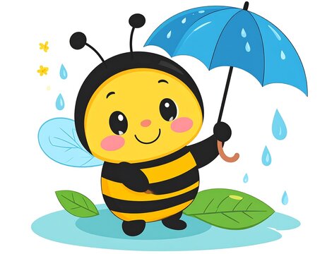Cute bee with umbrella in the rain