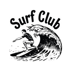 Surfer on Wave Woodcut Logo Template. Retro Surf Club Vector Emblem