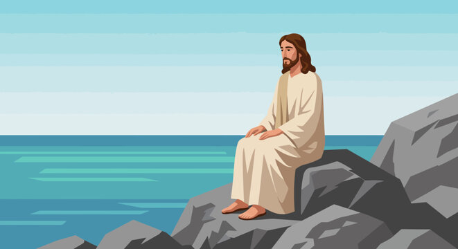 Jesus Christ Sitting on Rocks by the Sea, Contemplative Pose
