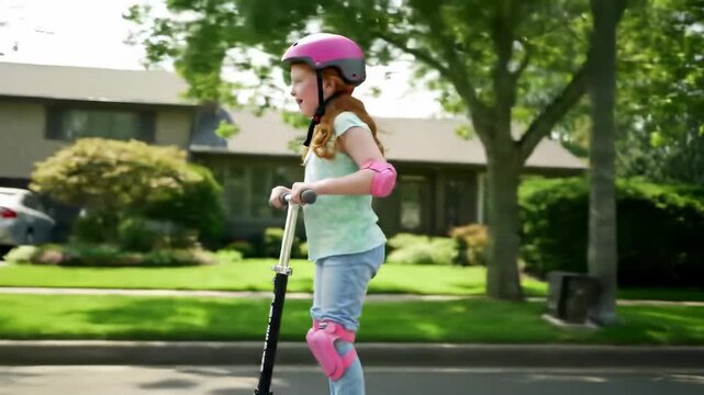 Young girl on a scooter in a residential street