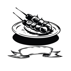 Skewered Satay Woodcut Logo Template. Vintage Asian Food Vector Emblem