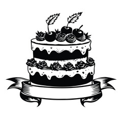 Layered Cake Woodcut Logo Template. Vintage Bakery & Patisserie Vector Emblem