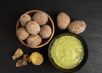 Red mojo rojo and green mojo verde sauces, traditional Tenerife dips, mojo picon dressing