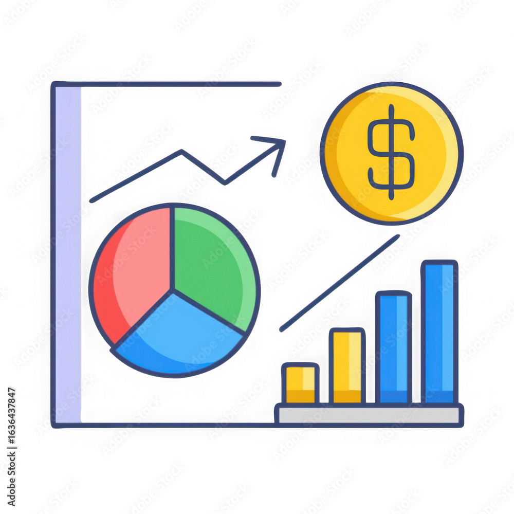 Poster financial analysis chart with pie chart bar graph and dollar coin isolated on transparent background
