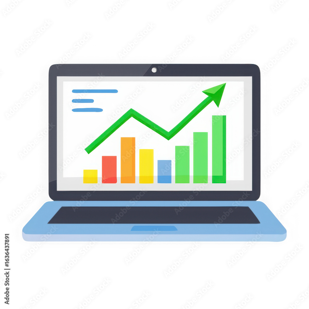 Poster laptop displaying a rising stock market graph with colorful bars isolated on transparent background