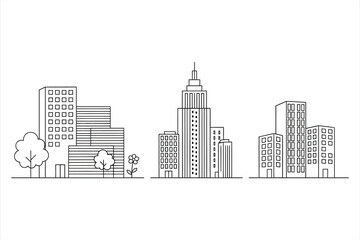 Naklejka premium Simple line art cityscape with trees and flower on white background buildings architecture