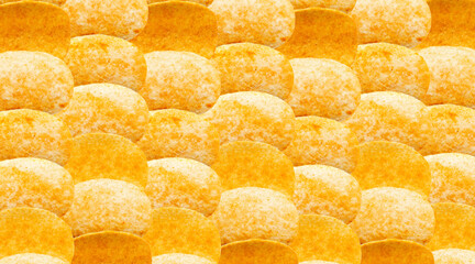 Potato chips stack pattern. Crispy thin potato snack wallpaper, fast food snacks texture