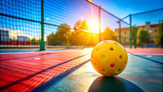 Bright yellow pickleball on colorful court under golden sunset rays with net and buildings in background