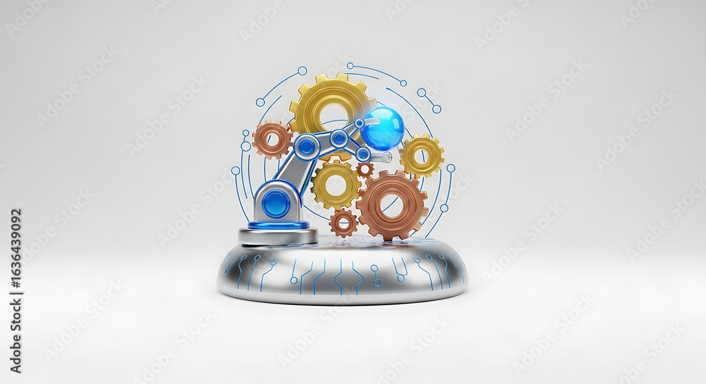 Poster robotic arm holding a blue sphere surrounded by gears on a silver platform with circuit patterns