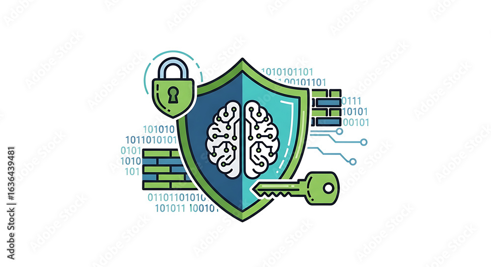 Poster illustration of a brain inside a shield with a lock and key representing data security