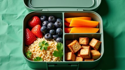 Top down view of reusable food container with colorful salad kale cherry tomatoes cucumber chickpeas and olive oil, zero waste lunch and on the go healthy eating concept