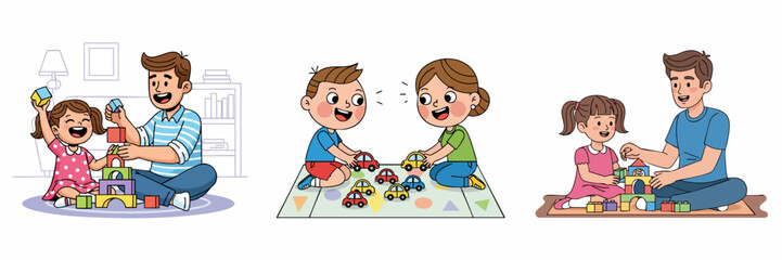Cheerful Flat Illustration of Father and Children Playing Together at Home