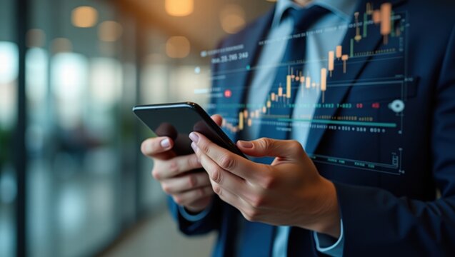 Businessman checking smartphone with financial graph data in office  