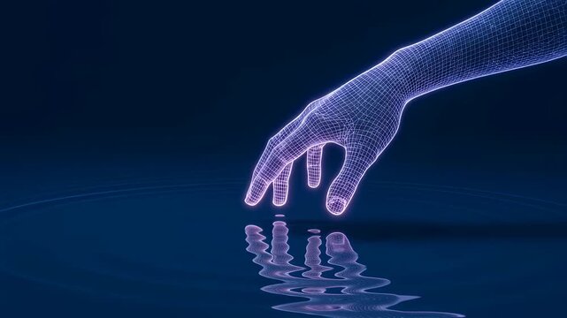 Abstract hand of a man made of digital mesh touching water, creating ripples. Futuristic virtual reality concept footage.