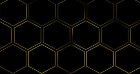 Obraz premium Gold honeycomb luxury elegant background with particles shimmering. Light rays dark futuristic gradient 3d geometric motion graphic. Copy space area medical science technology growth ideas.