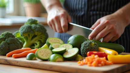 Close up of hands cutting fresh vegetables on wooden cutting board broccoli zucchini carrots and bell pepper, soft daylight, healthy cooking and homemade meals concept