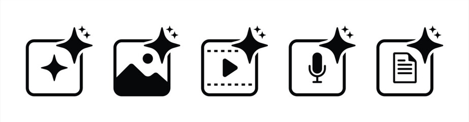 AI Generate Icons Set – Magic Sparkle Symbols for Image, Video, Audio, and Document Creation in Black Vector Style