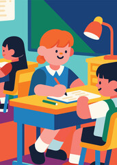 little children are studying in class Illustrator Artwork design template poster