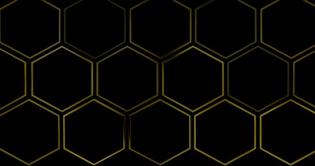 Obraz premium Gold honeycomb luxury elegant background with particles shimmering. Light rays dark futuristic gradient 3d geometric motion graphic. Copy space area medical science technology growth ideas.