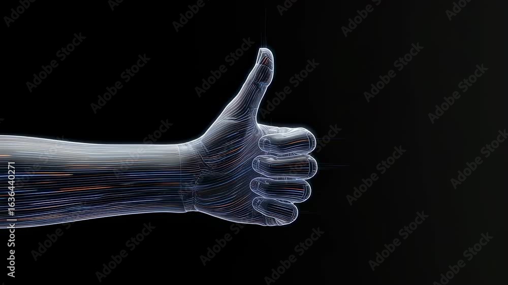 Poster digital hand showing thumbs up motion. artificial intelligence cybernetic design in futuristic techn