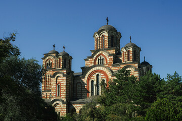 St. Mark’s Church in Belgrade, Serbia, with its characteristic red and cream-colored...
