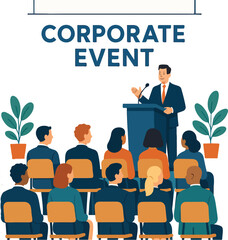 Corporate event with banners and audience illustration.