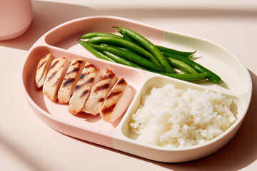 Balanced Meal in Soft Pastel Tray – Neurodivergent-Friendly Dining with Grilled Chicken, Rice & Green Beans