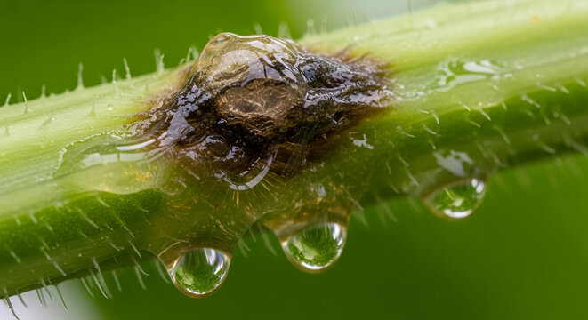 Macro detail of a plant disease canker on a green stem with water droplets