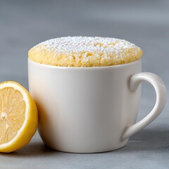 Quick microwave recipes Lemon mug cake with sugar on gray surface.
