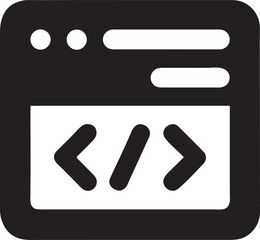 Isolated black vector icon of browser window, browser window with HTML code, black browser with programming symbol, web coding interface icon, editable browser design, clean browser development vector