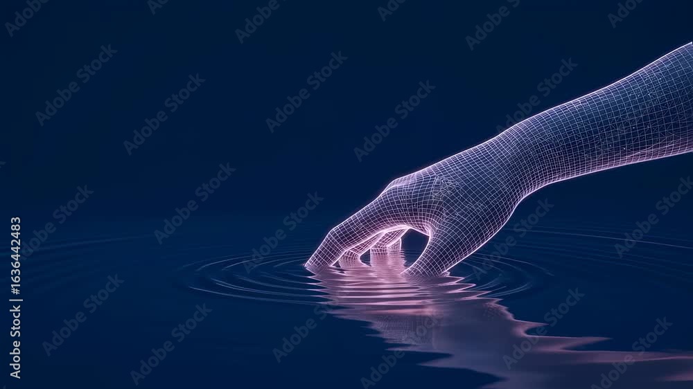 Poster digital wireframe hand touching calm water creating ripples. future technology concept and digital c