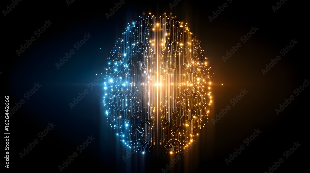 Poster digital brain with glowing circuits.
