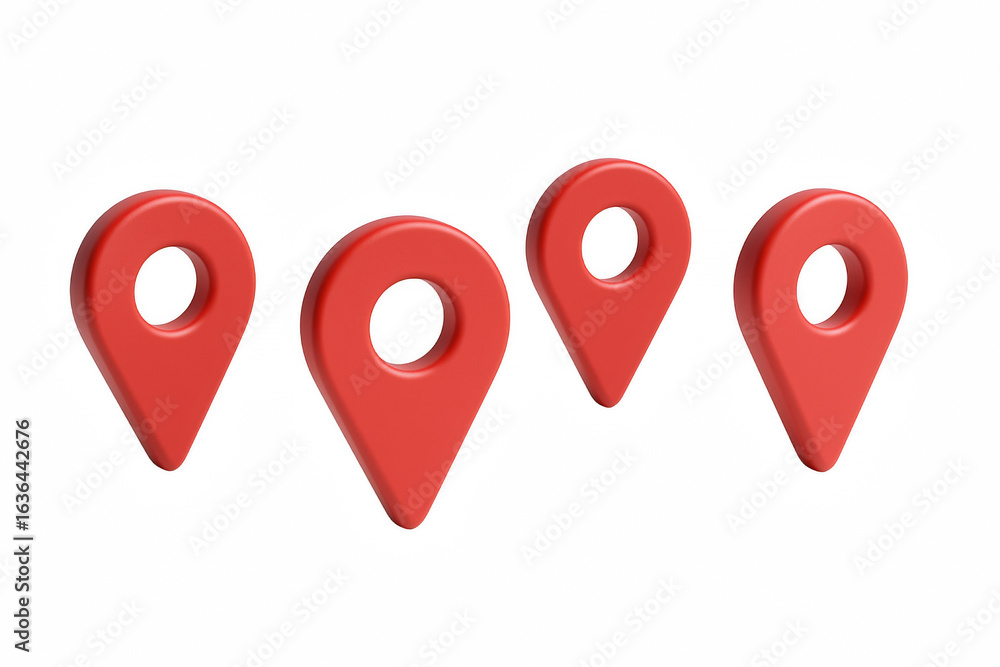 Poster four red 3d location pointers arranged in a row, symbolizing navigation and geolocation services