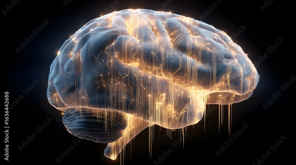 Poster a 3d rendering of a human brain with glowing circuit lines.