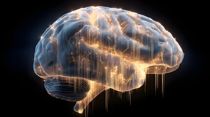 A 3d rendering of a human brain with glowing circuit lines.