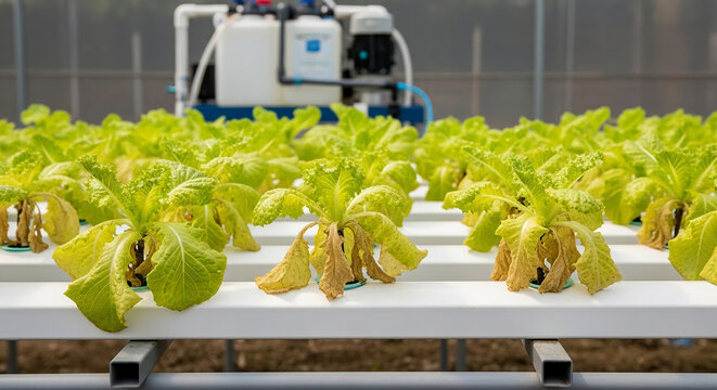 Wilted lettuce plants with yellow leaves showing signs of nutrient deficiency in a hydroponic farm.