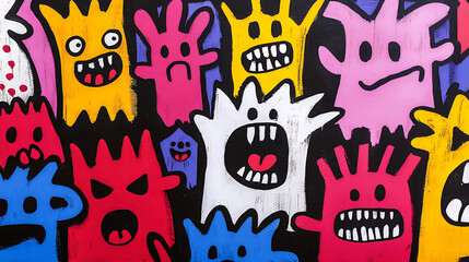Fototapeta premium Colorful and expressive abstract art featuring playful monster like characters in vibrant colors, evoking sense of fun and whimsy