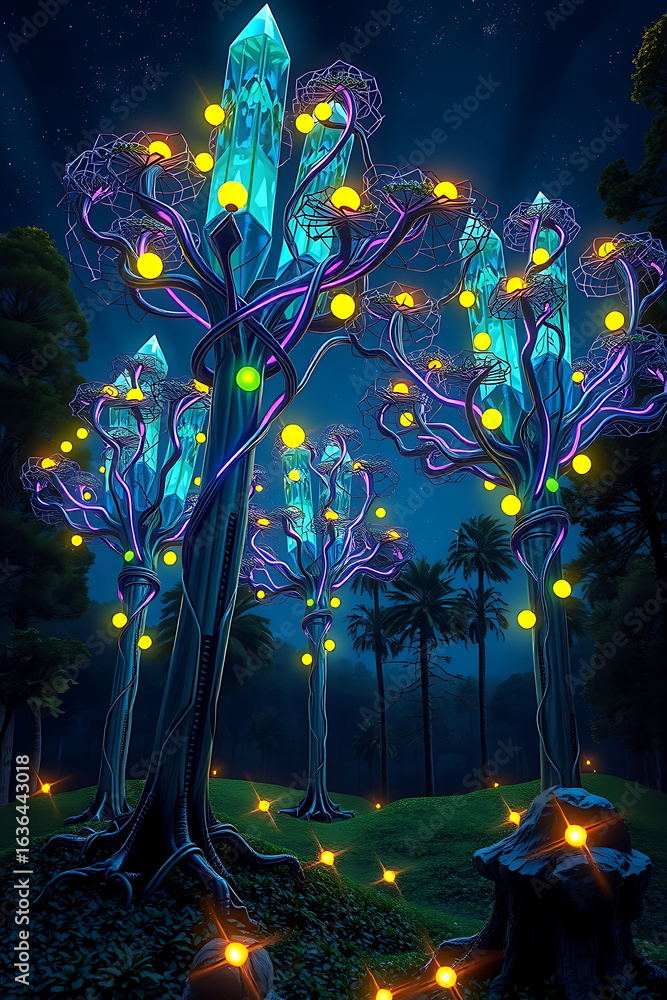 Poster fantasy illustration showcasing glowing trees with crystal-like structures and illuminated orbs in a