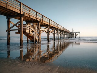 Fototapeta premium Wooden Pier Over Ocean at Beach with Reflections