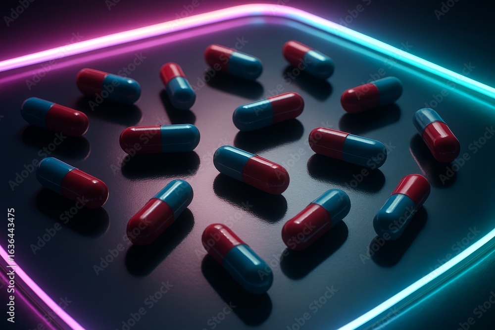 Poster colorful capsules arranged on a dark reflective surface with glowing neon lights creating a vibrant 