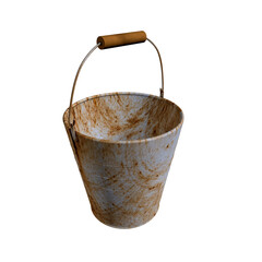 3D render Rusty metal bucket with wooden handle on transparent background